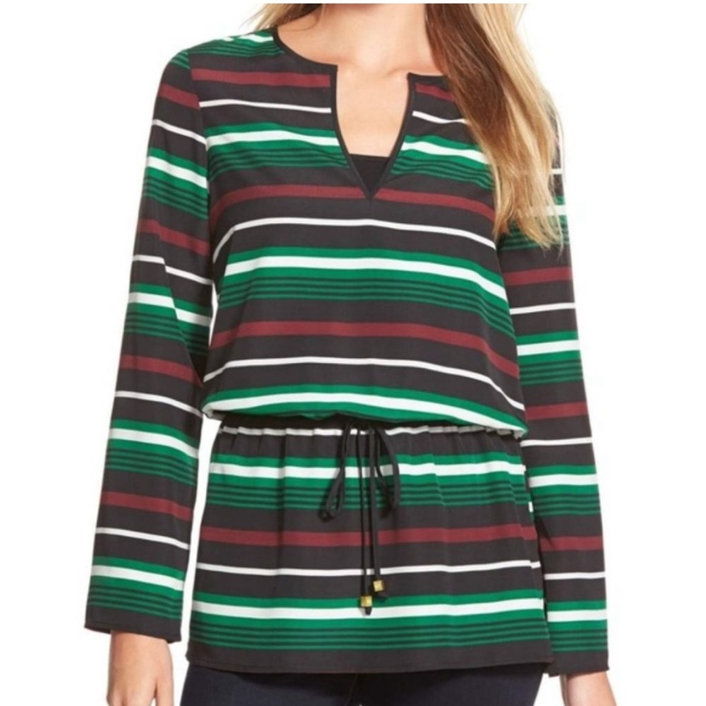 Michael Kors Green Striped Drawstring Waist Tunic Top L